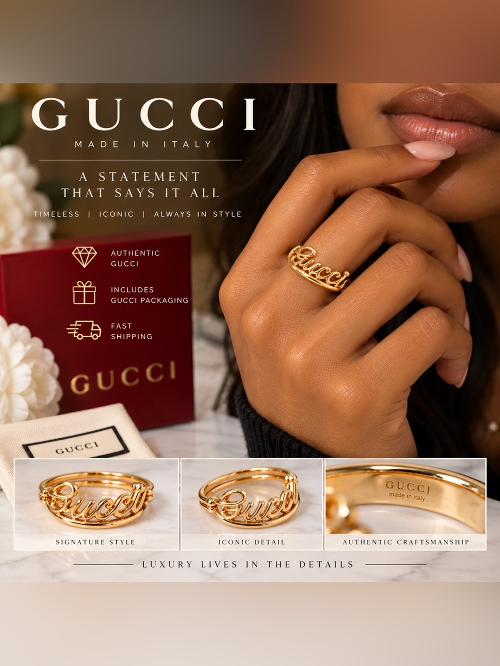 Gucci Gold Script Signature Ring